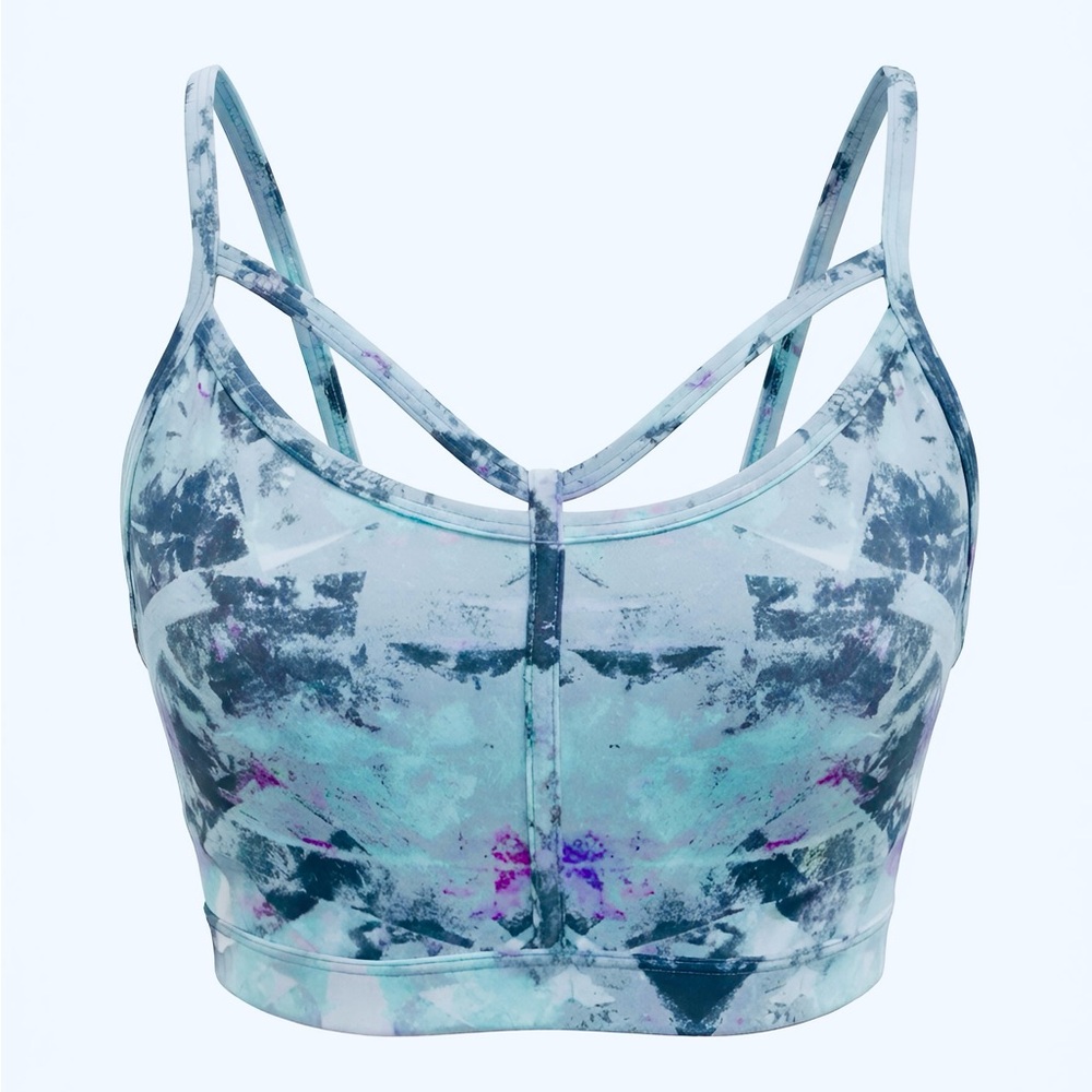 Athleta Strappy Sports Bra in Aqua Teal and Purple Print - Medium